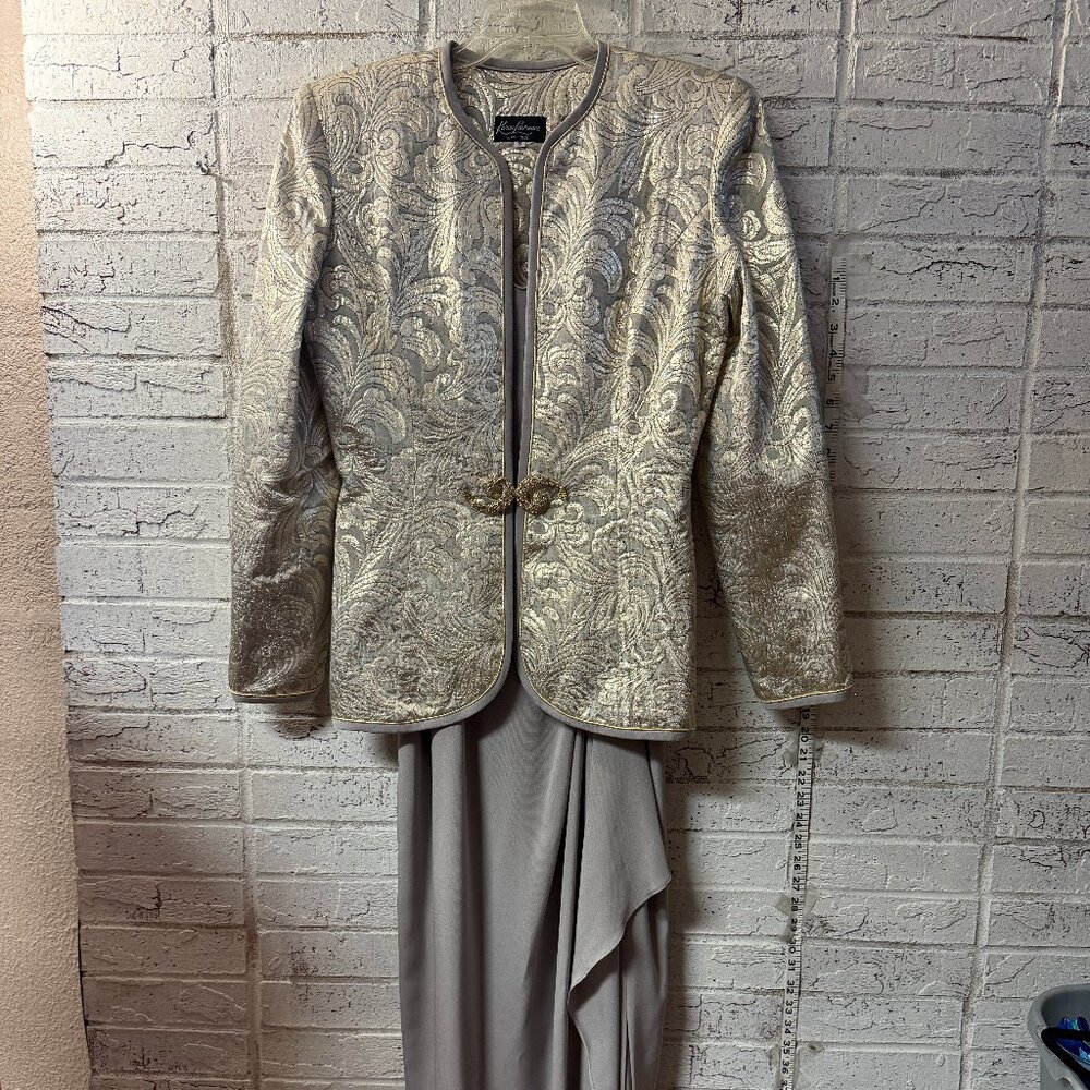 Karen Lawrence by Matthew Formal Dress w/ slit & Jacket Set | Silver Brocade